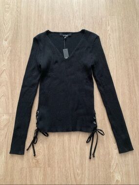 Black Ribbed V-Neck Lace-Up Side Tie Sweater